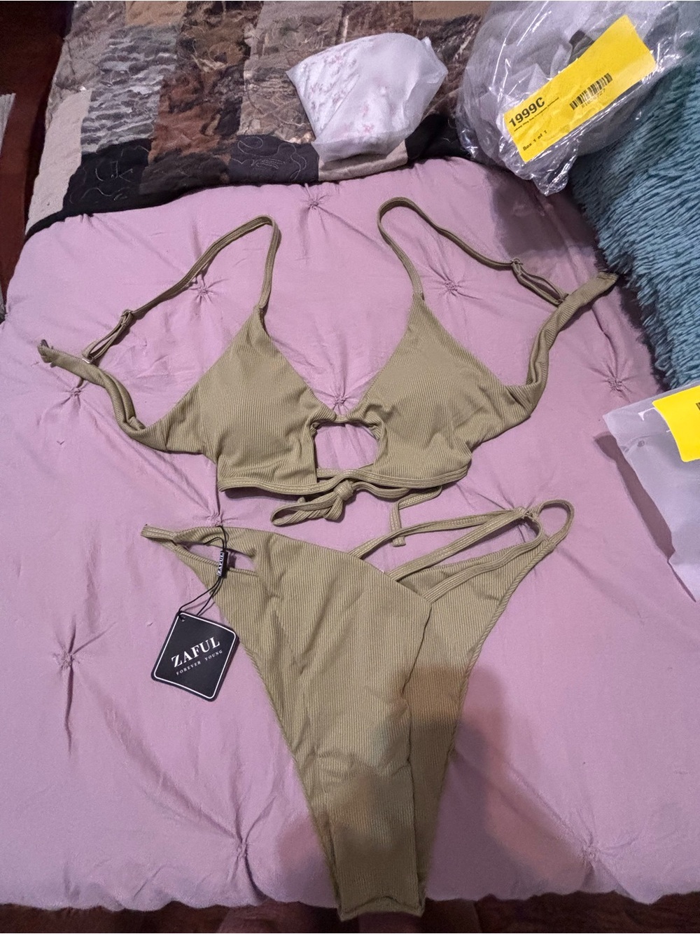 Zaful Olive Green Ribbed Cut-Out Tie Bikini Set